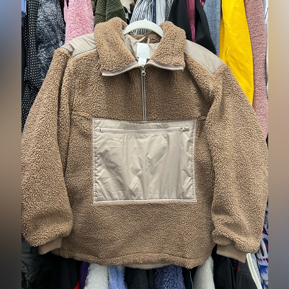 H&M Oversized Tan Sherpa-Lined Jacket with Elastic Waist